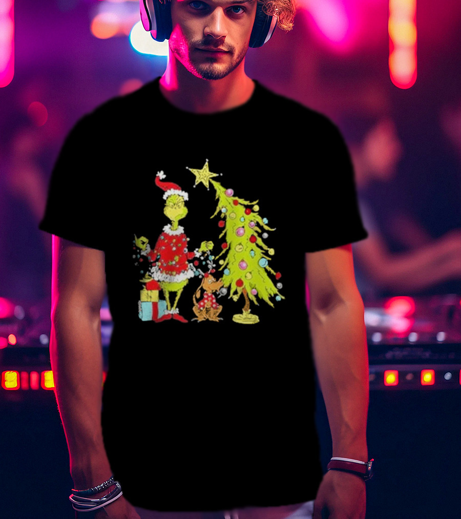 Grinch Christmas Tree With Santa Hat And Max By Presents T-Shirt