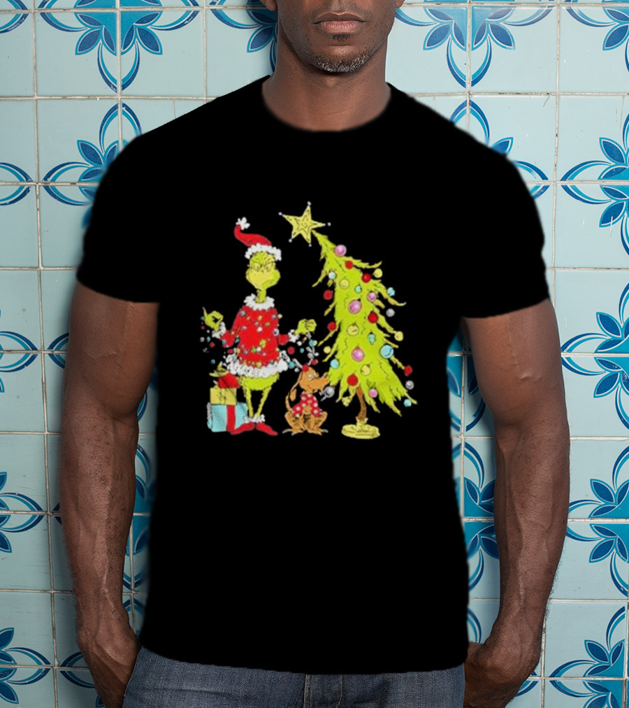 Grinch Christmas Tree With Santa Hat And Max By Presents T-Shirt