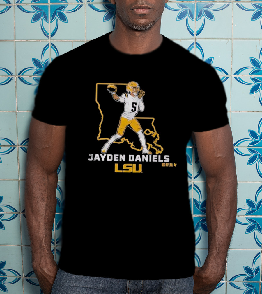 Jayden Daniels LSU Tigers NFLPA Football Louisiana Map T-Shirt
