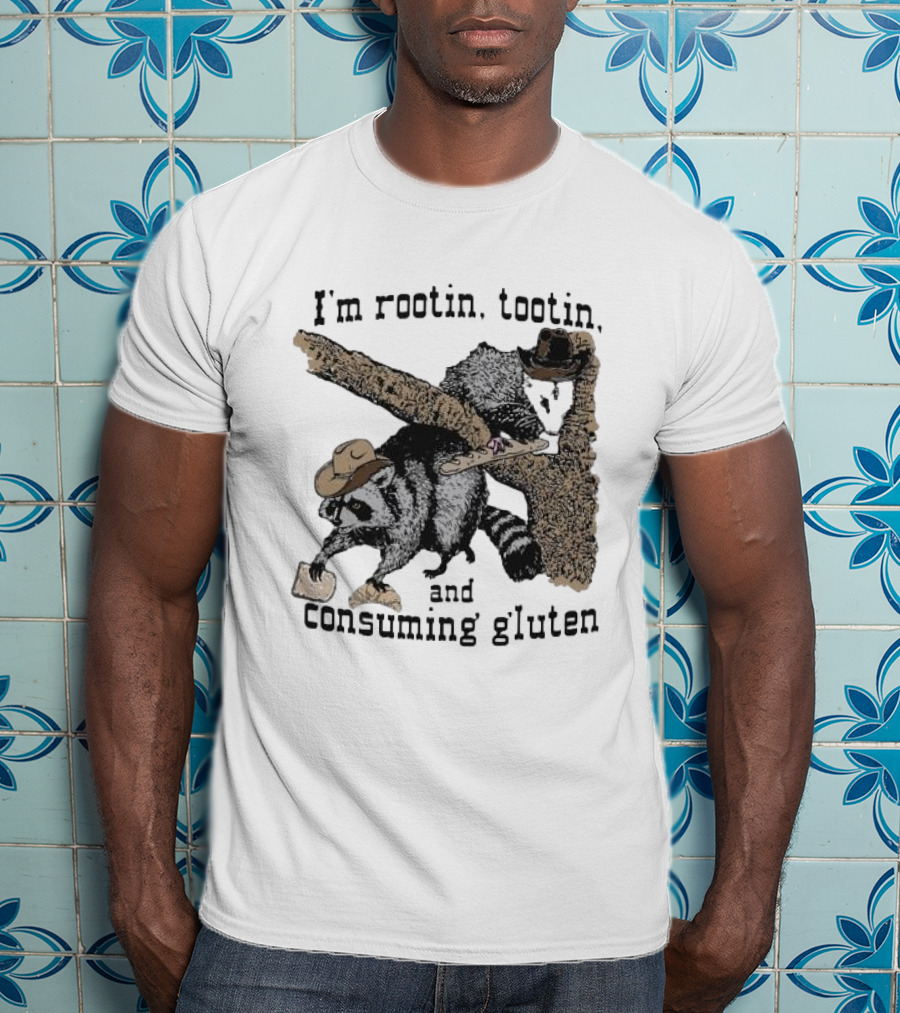 I'm Rootin Tootin Raccoon Duo Consuming Gluten In Cowboy Hats T-Shirt