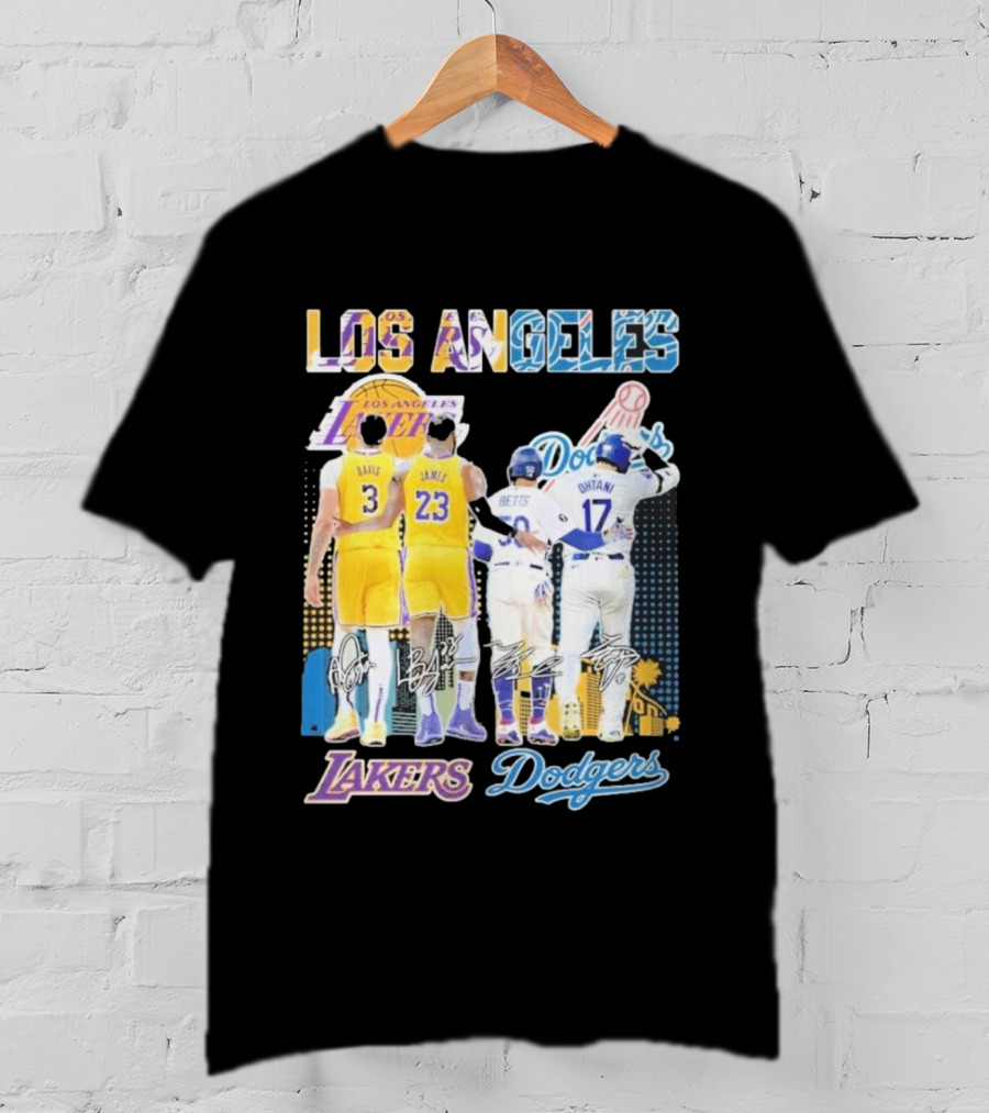 Los Angeles Lakers Dodgers LeBron James Anthony Davis Mookie Betts Freddie Freeman Signatures T-Shirt