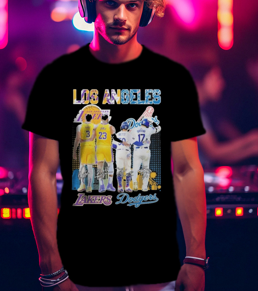 Los Angeles Lakers Dodgers LeBron James Anthony Davis Mookie Betts Freddie Freeman Signatures T-Shirt