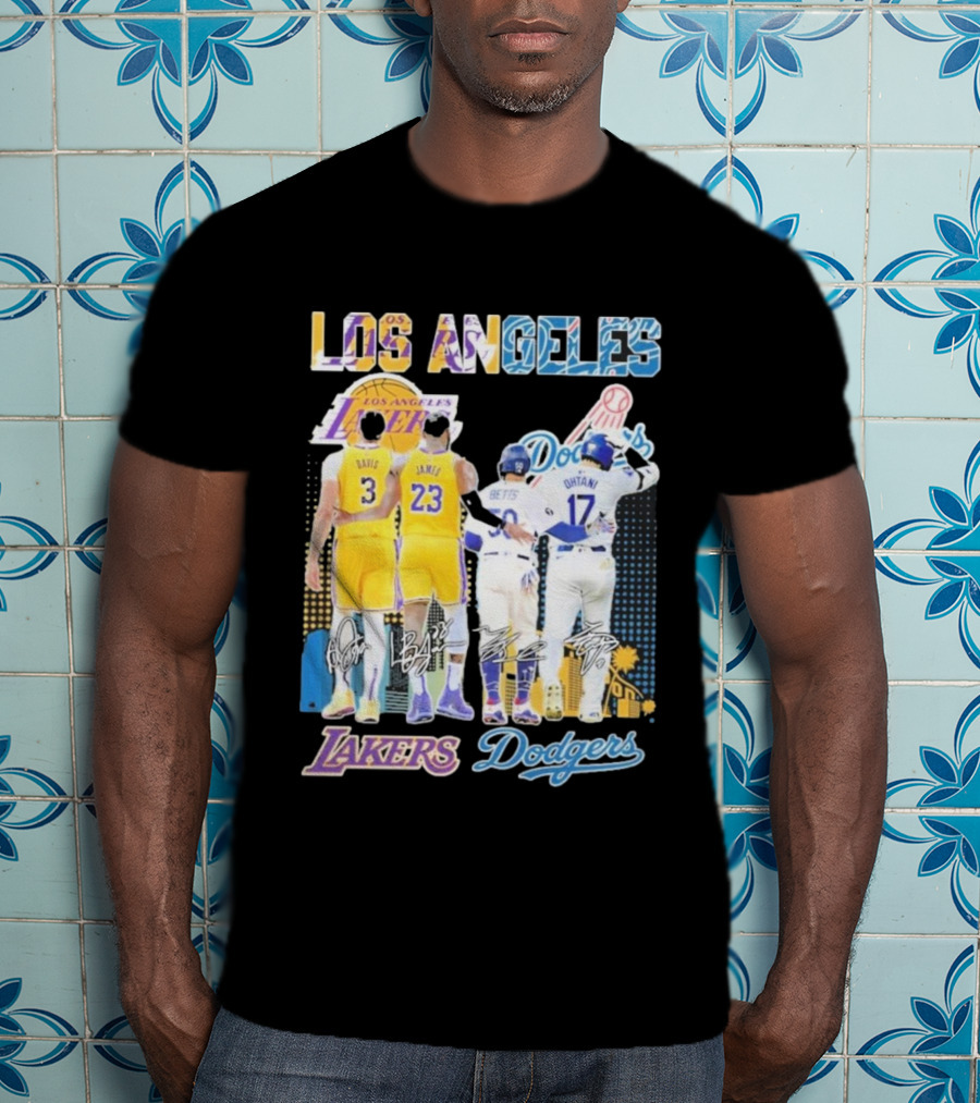 Los Angeles Lakers Dodgers LeBron James Anthony Davis Mookie Betts Freddie Freeman Signatures T-Shirt