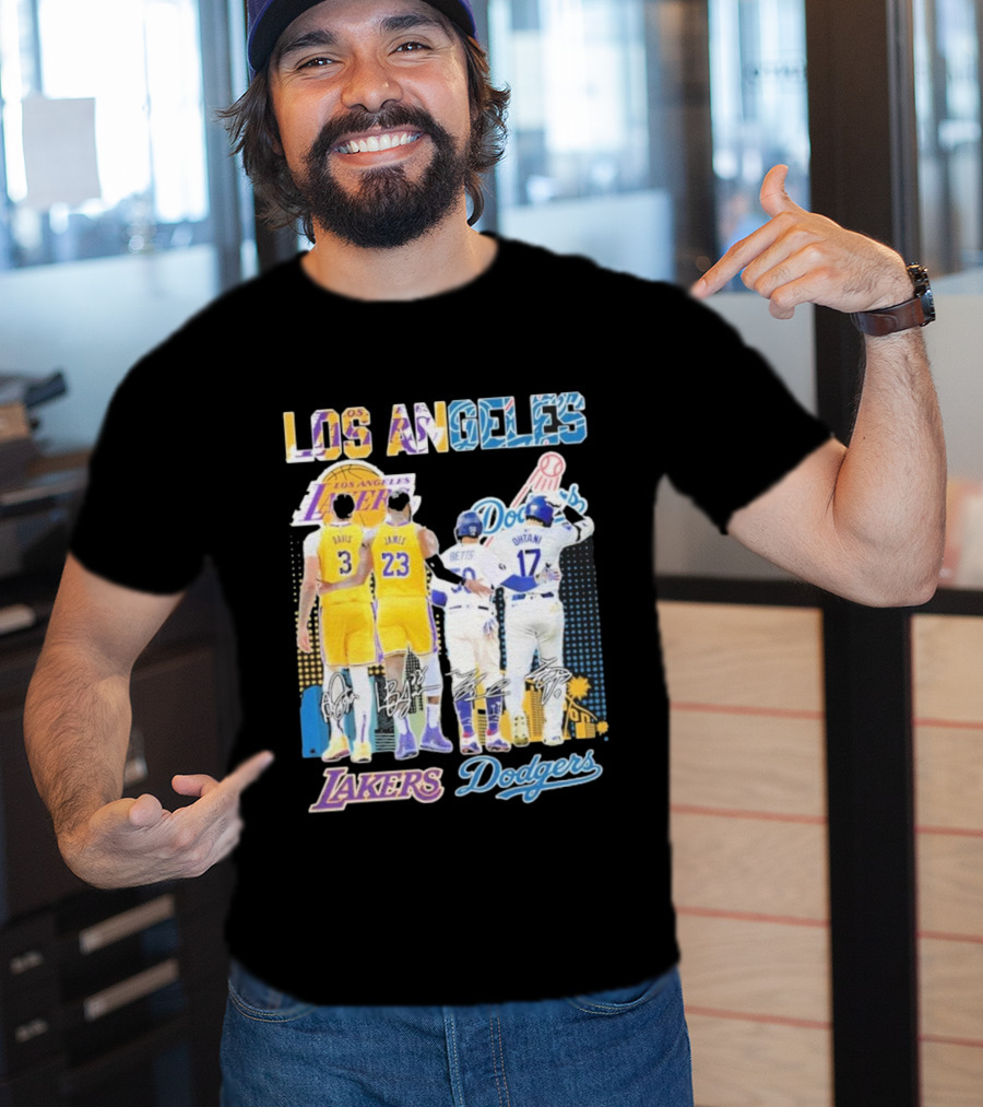 Los Angeles Lakers Dodgers LeBron James Anthony Davis Mookie Betts Freddie Freeman Signatures T-Shirt