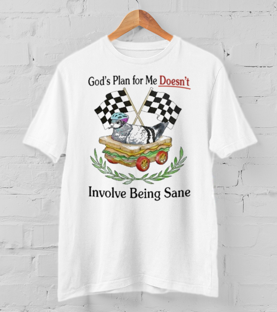 God's Plan For Me Doesn’t Involve Being Sane Pigeon Sandwich Racing Wheels Checkered Flags T-Shirt