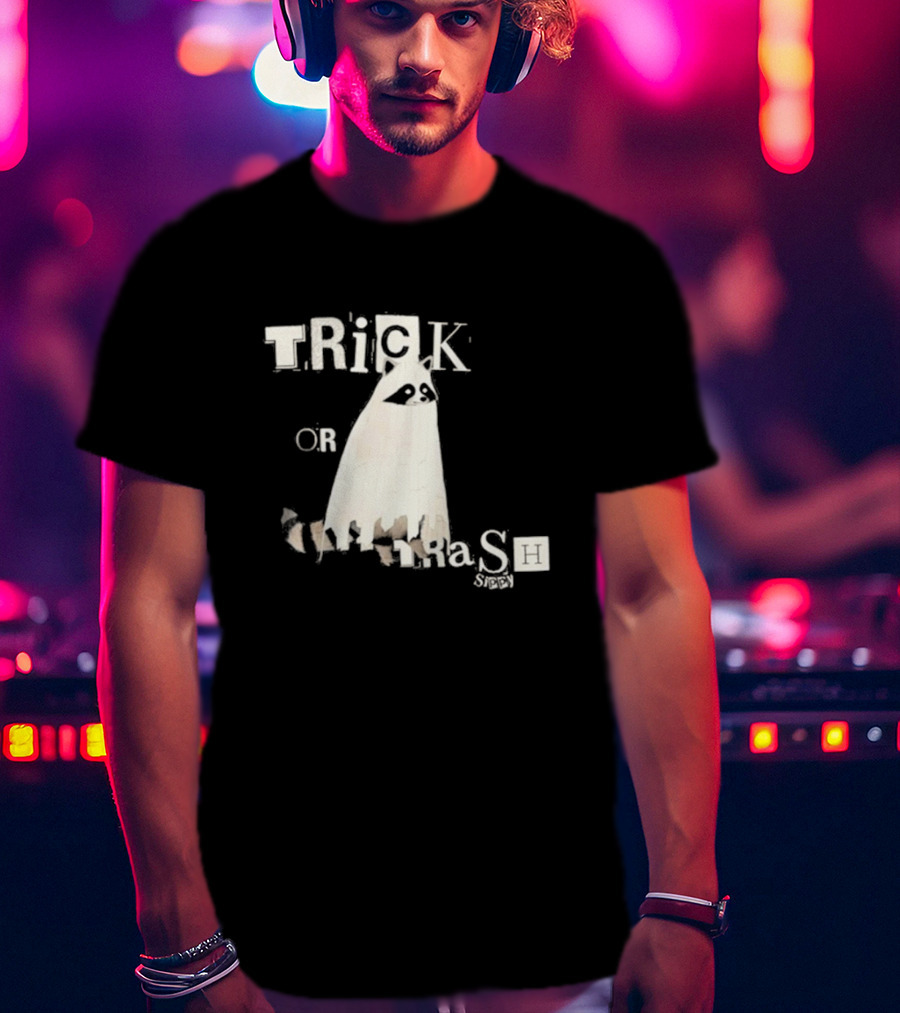 TRICK OR TRASH SIPPY Black Raccoon Ghost Costume T-Shirt