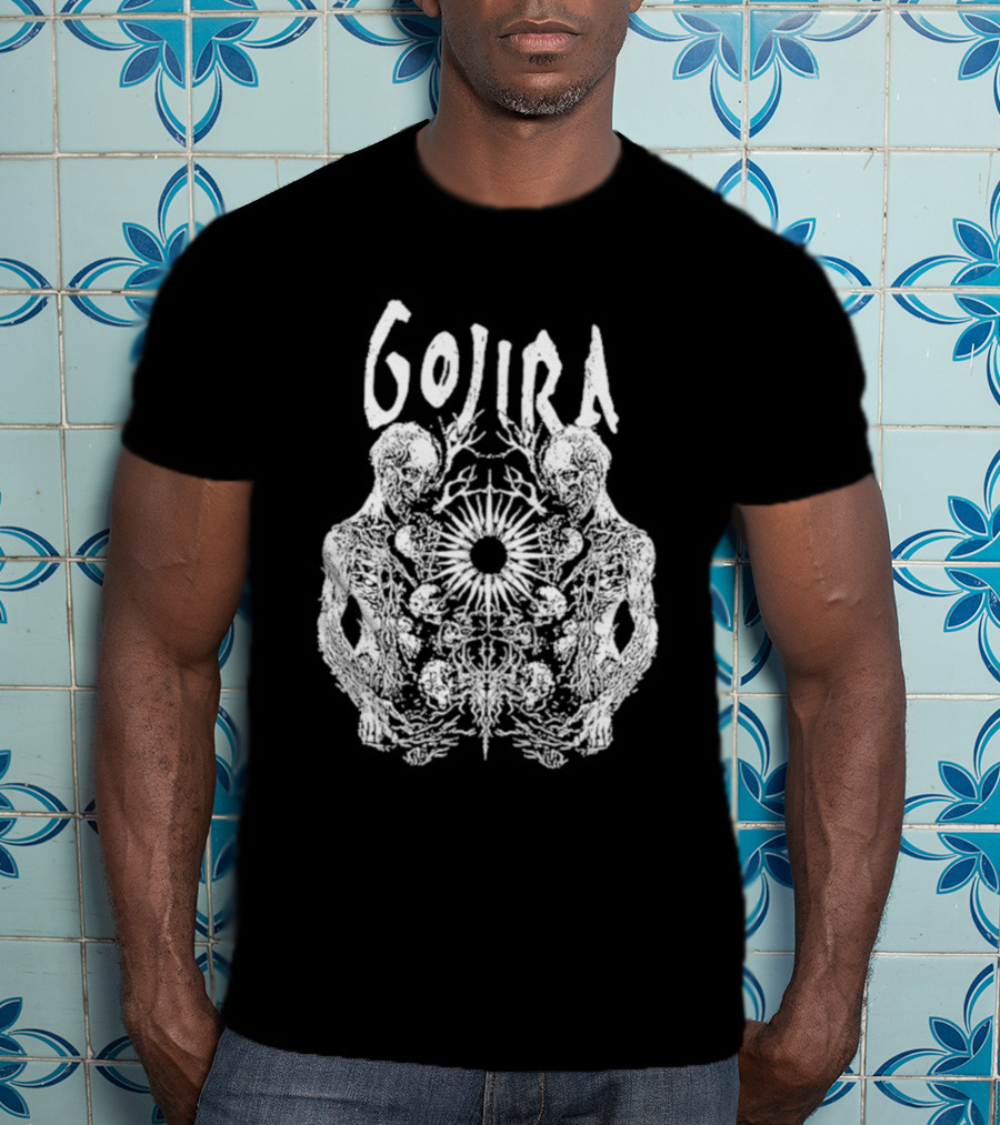 GOJIRA Twin Skull Symmetry With Skeletal Figures And Central Orb T-Shirt