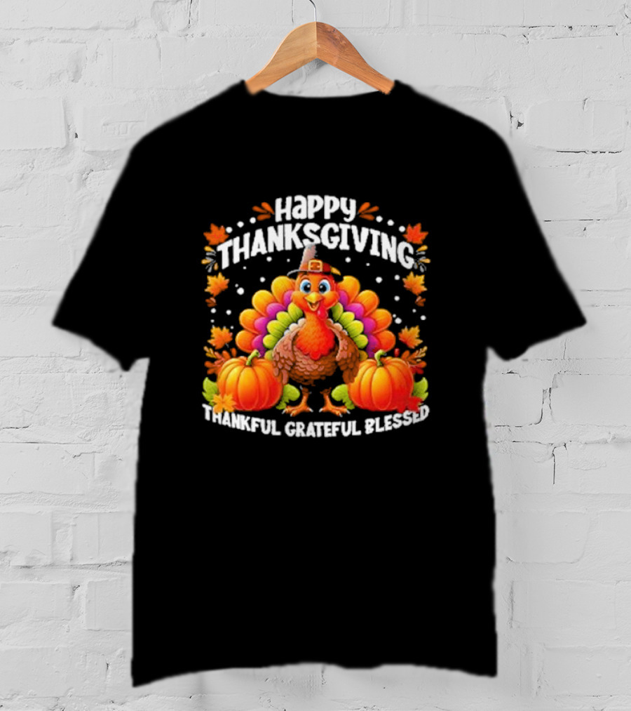 Happy Thanksgiving Turkey Thankful Grateful Blessed With Pumpkins And Autumn Leaves T-Shirt
