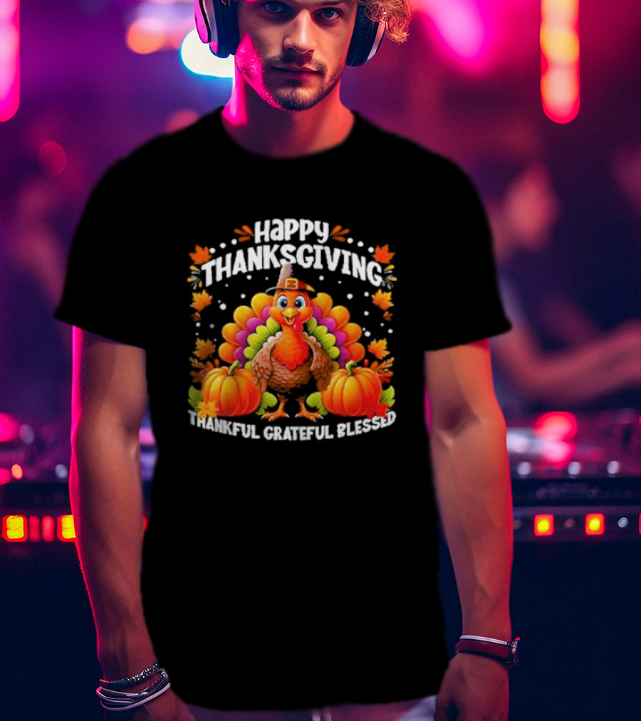 Happy Thanksgiving Turkey Thankful Grateful Blessed With Pumpkins And Autumn Leaves T-Shirt