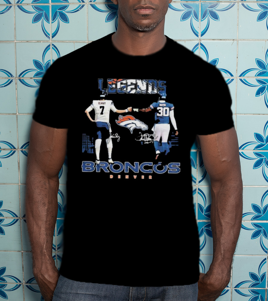 Denver Broncos Legends Elway Davis Signature Football Duo T-Shirt