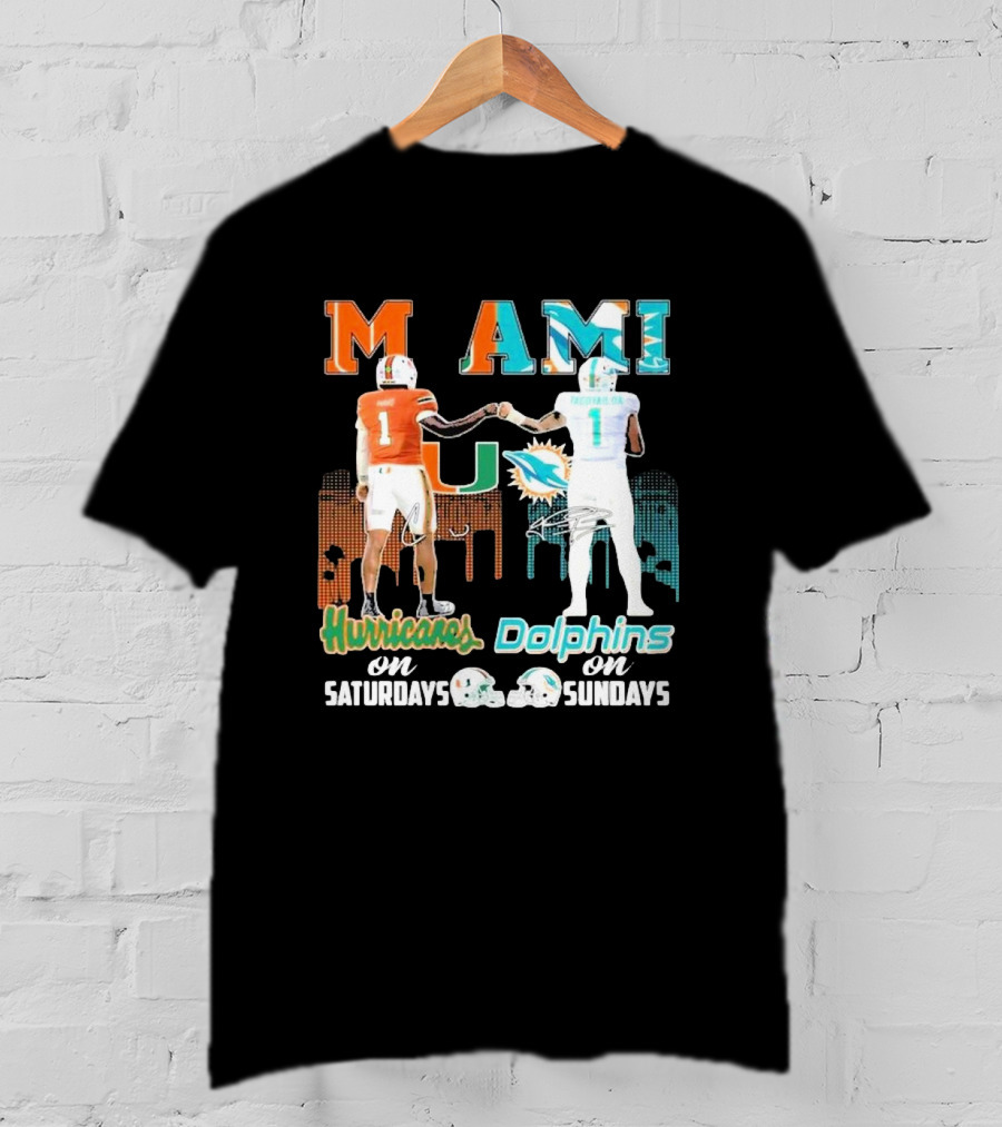 Miami Hurricanes On Saturdays Dolphins On Sundays T-Shirt