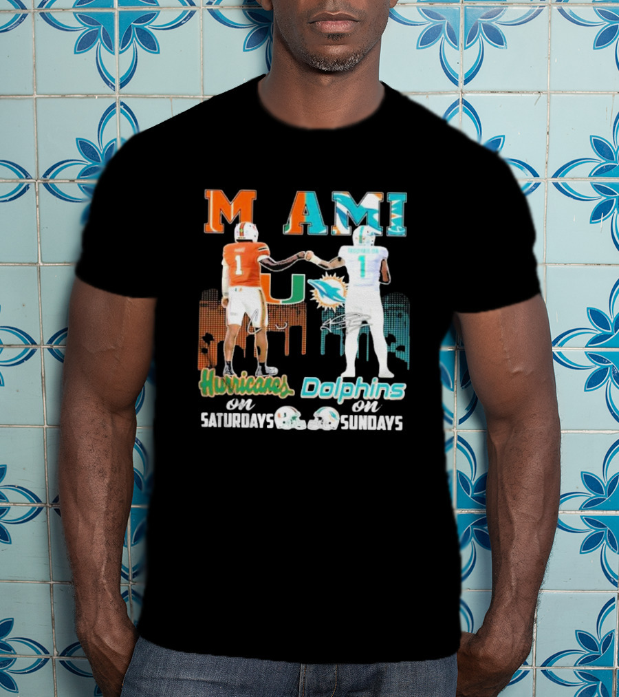 Miami Hurricanes On Saturdays Dolphins On Sundays T-Shirt