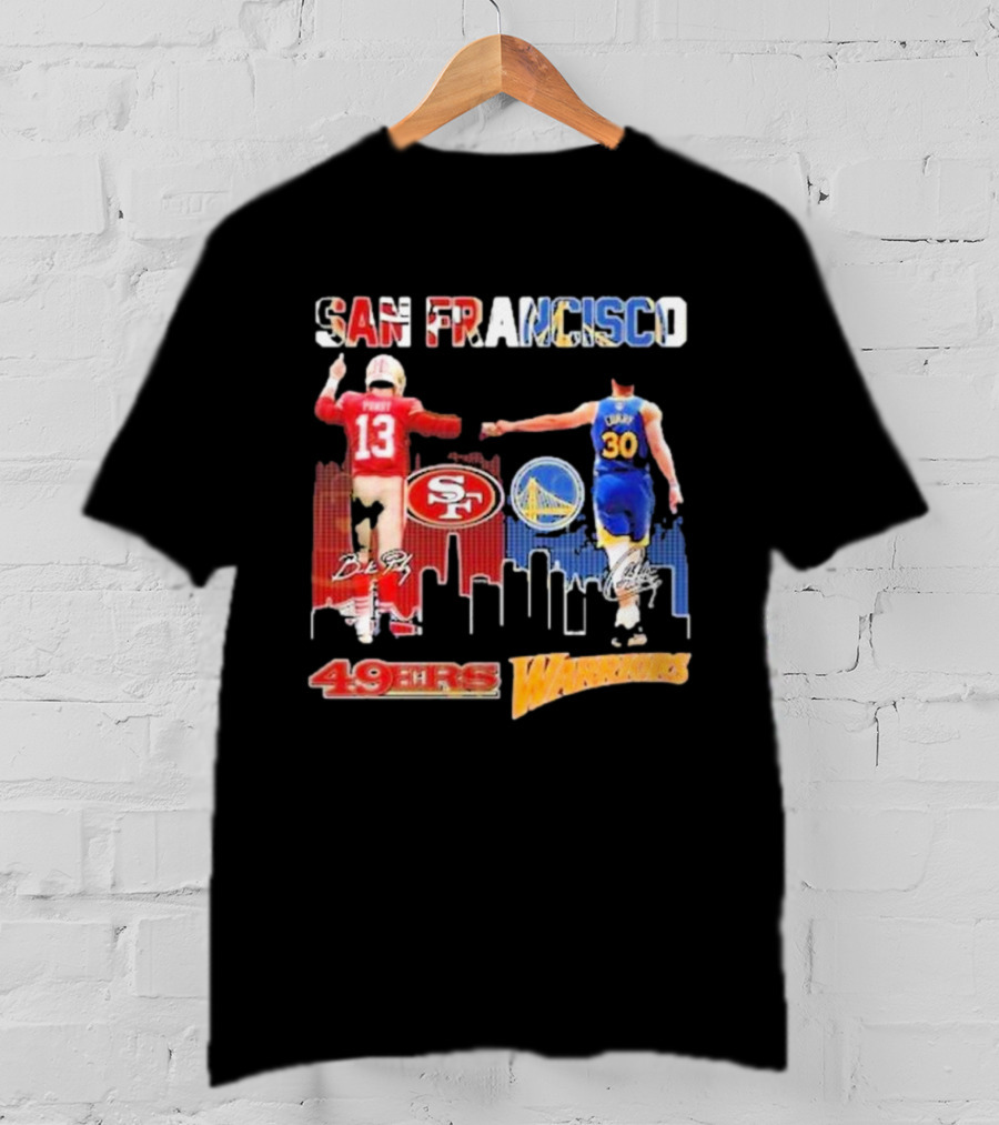 San Francisco 49ers Golden State Warriors Signatures With San Francisco Skyline T-Shirt