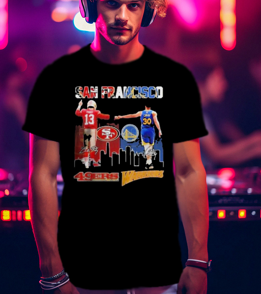 San Francisco 49ers Golden State Warriors Signatures With San Francisco Skyline T-Shirt