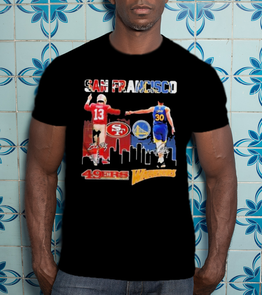 San Francisco 49ers Golden State Warriors Signatures With San Francisco Skyline T-Shirt