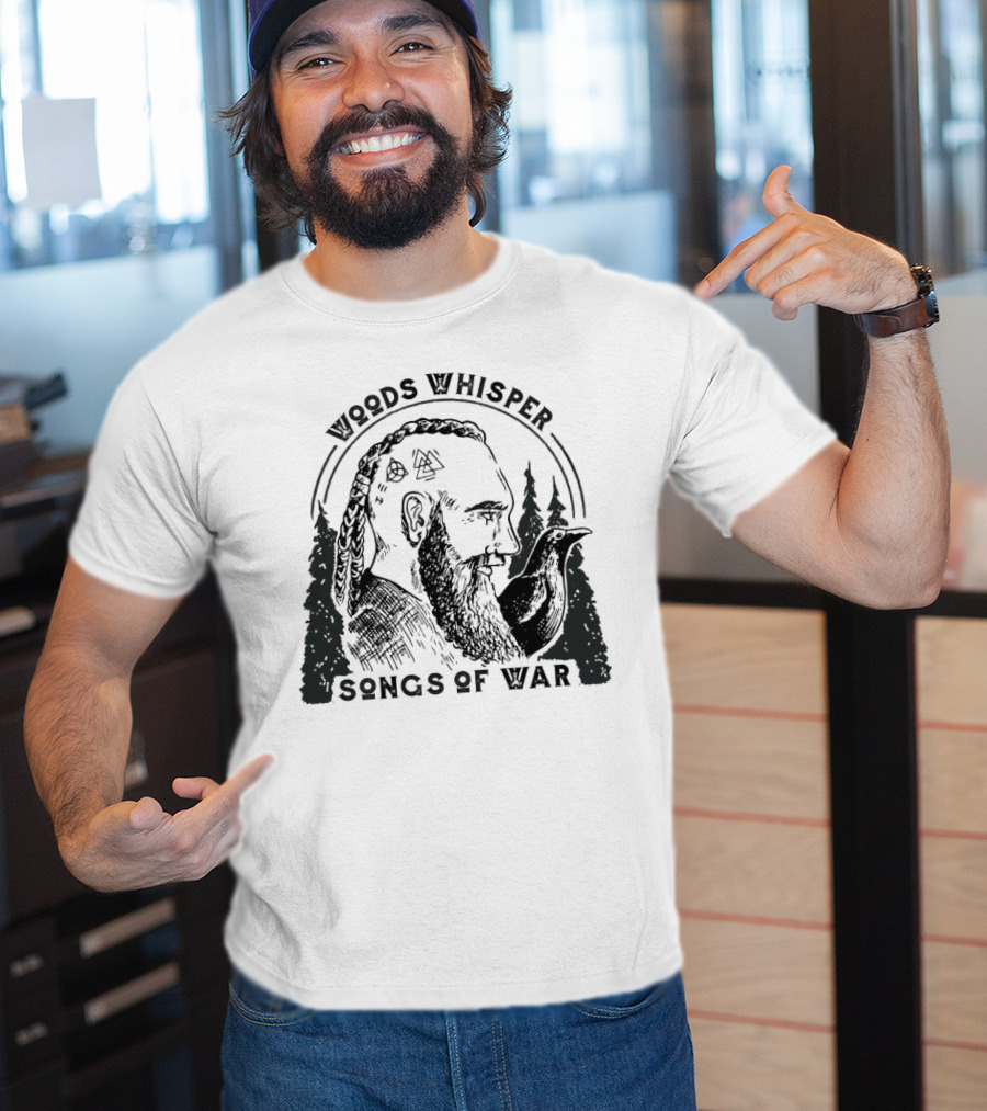 Woods Whisper Songs Of War Viking With Raven And Forest Symbols T-Shirt