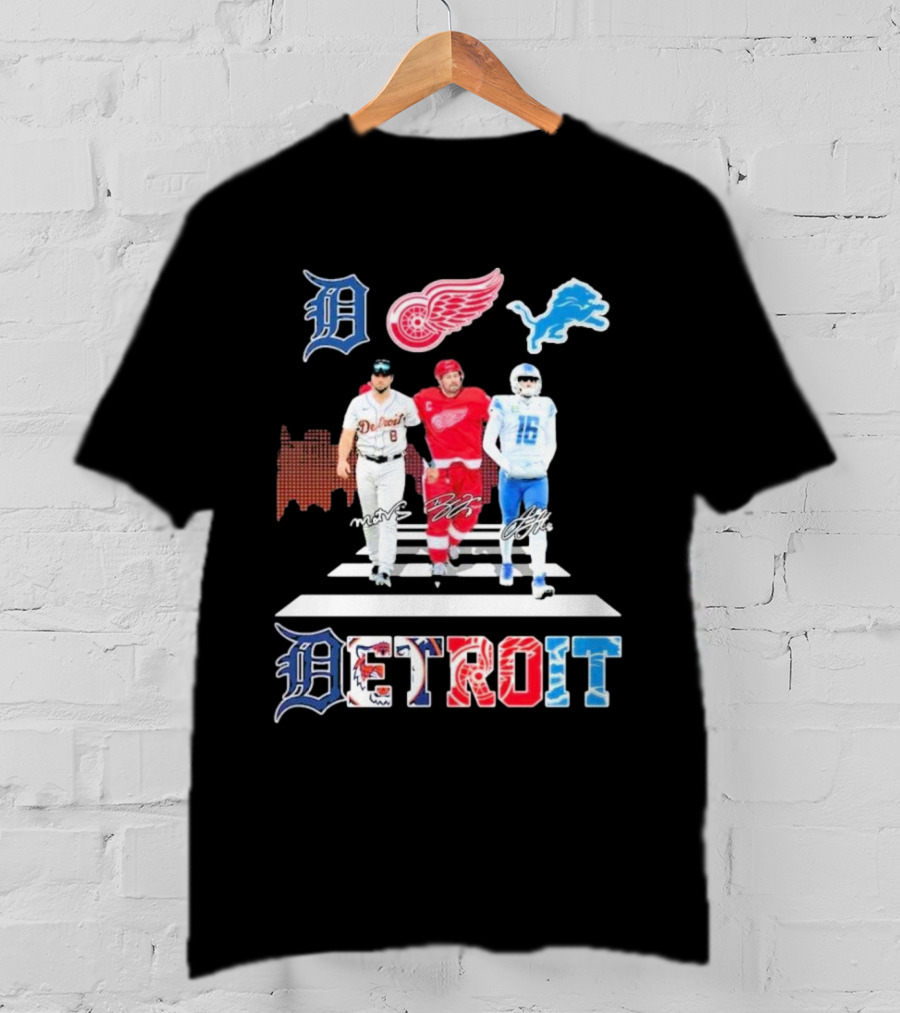 Detroit Lions Tigers Red Wings Legends Crossing Detroit T-Shirt
