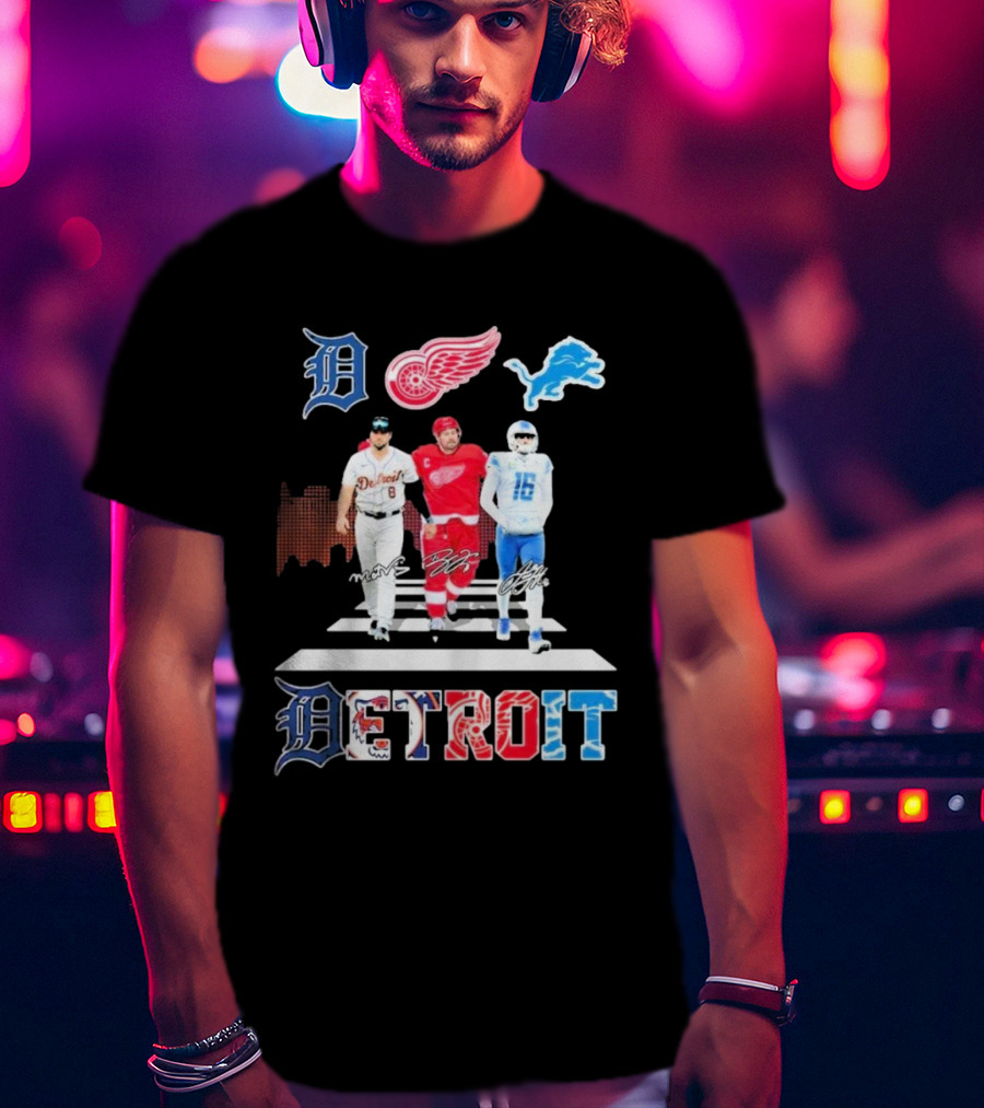 Detroit Lions Tigers Red Wings Legends Crossing Detroit T-Shirt
