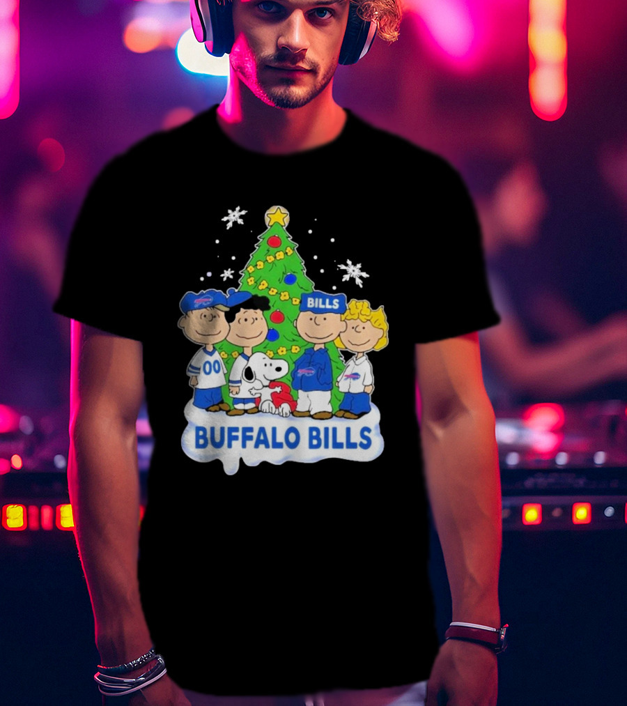 Buffalo Bills Snoopy Christmas Tree Peanuts Characters Holiday Scene T-Shirt