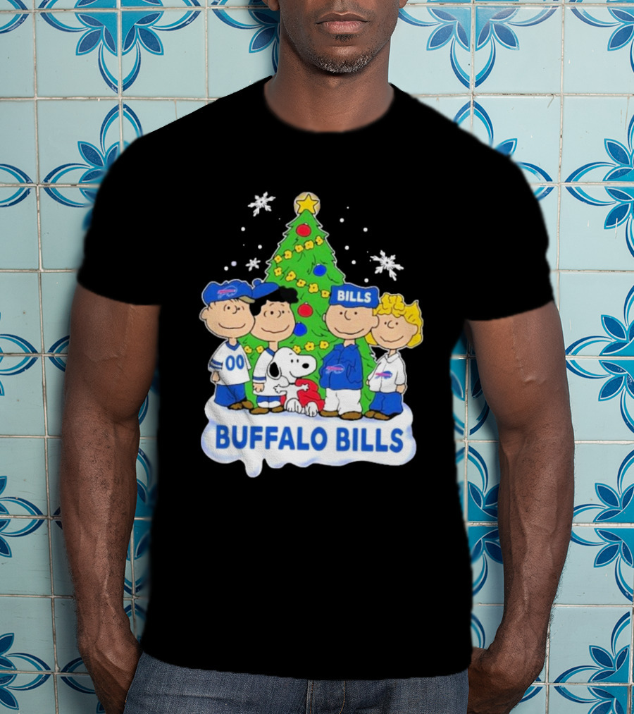 Buffalo Bills Snoopy Christmas Tree Peanuts Characters Holiday Scene T-Shirt