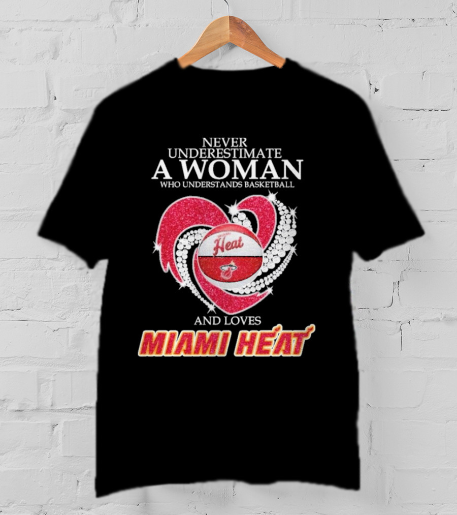 Never Underestimate A Woman Who Understands Basketball And Loves Miami Heat With Red Heart And Basketball T-Shirt