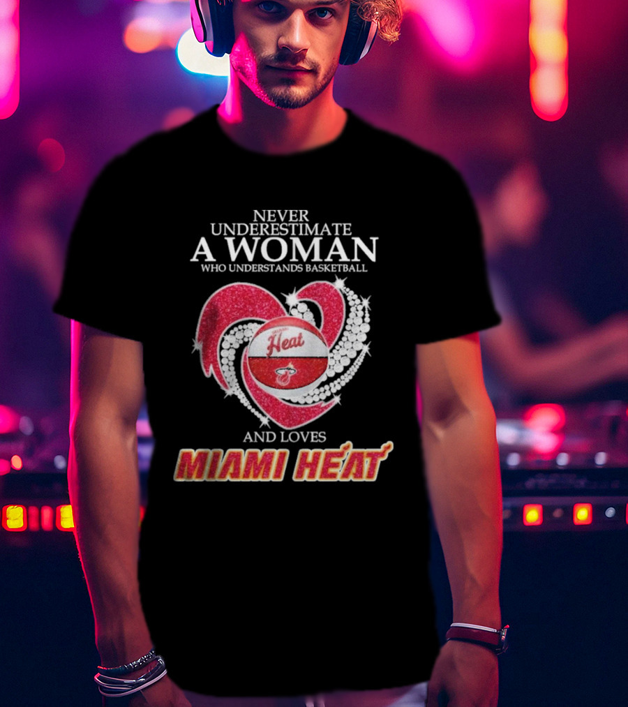 Never Underestimate A Woman Who Understands Basketball And Loves Miami Heat With Red Heart And Basketball T-Shirt