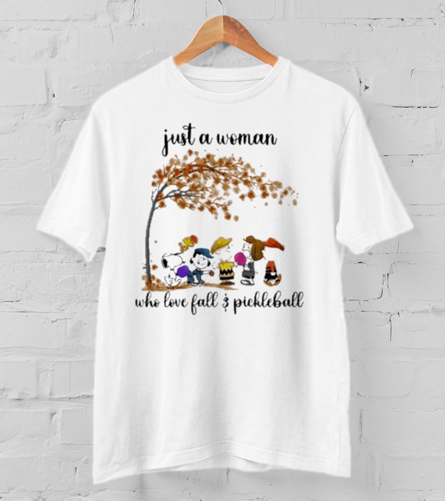 Just A Woman Who Loves Fall And Pickleball With Snoopy And Friends Under Autumn Tree T-Shirt