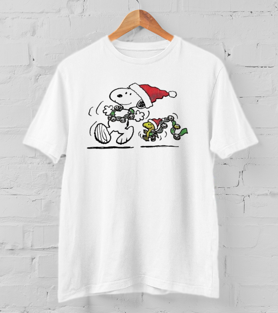 Snoopy And Woodstock Dancing In Santa Hats Christmas T-Shirt