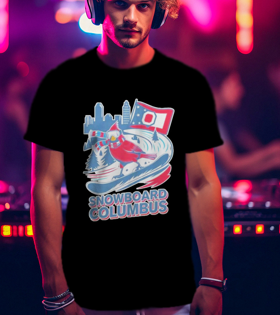 Snowboard Columbus Cardinal USA Snowboarding Animal Skyline Flag T-Shirt