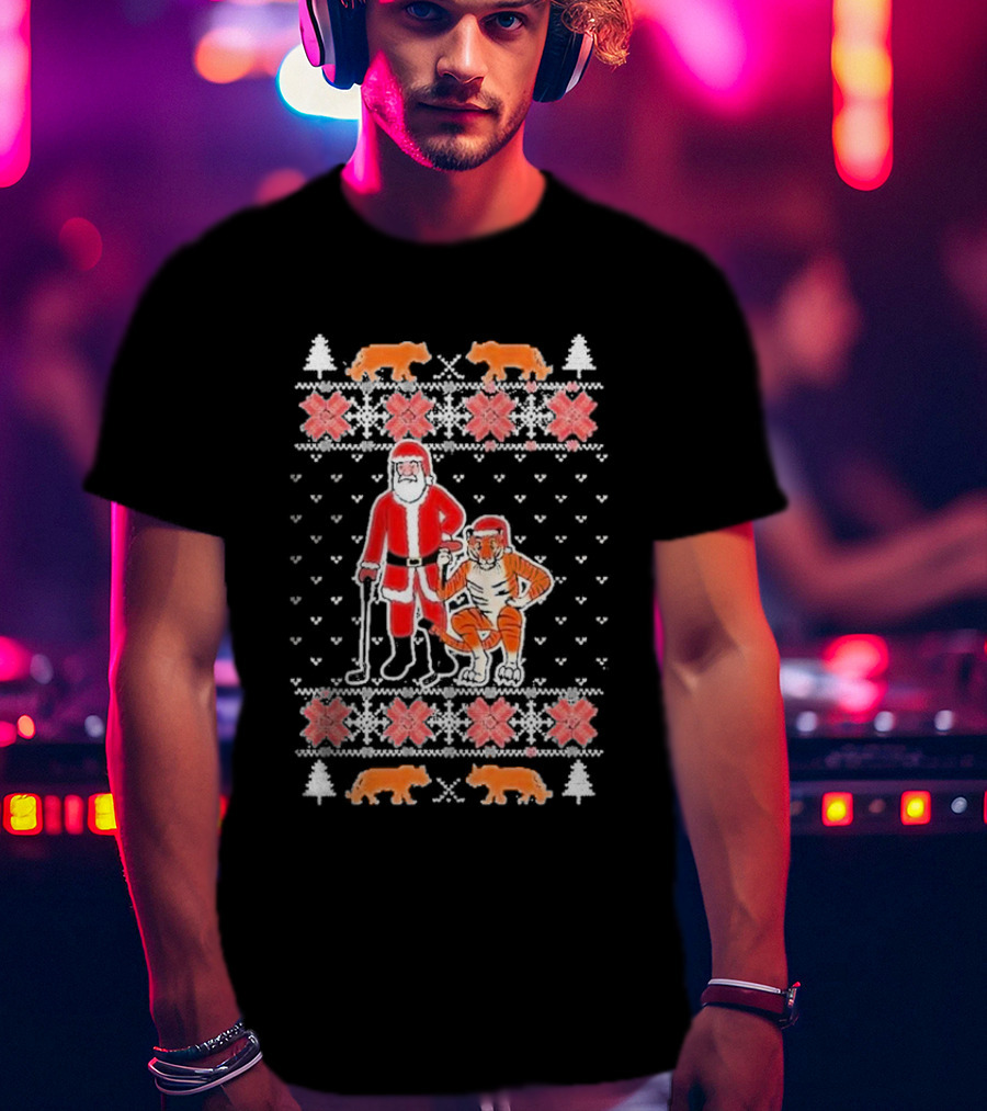 Golf Santa Tiger Vision Ugly Christmas T-Shirt