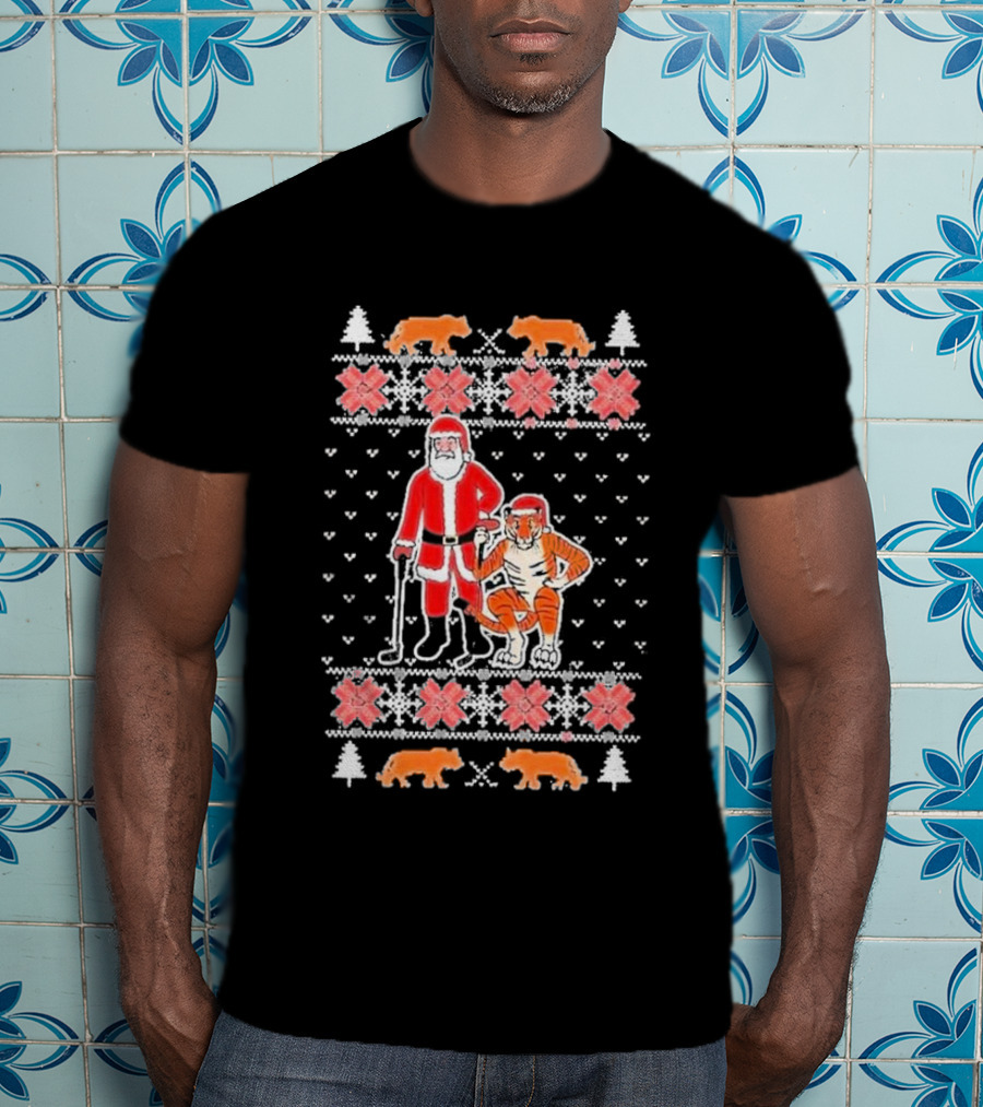 Golf Santa Tiger Vision Ugly Christmas T-Shirt