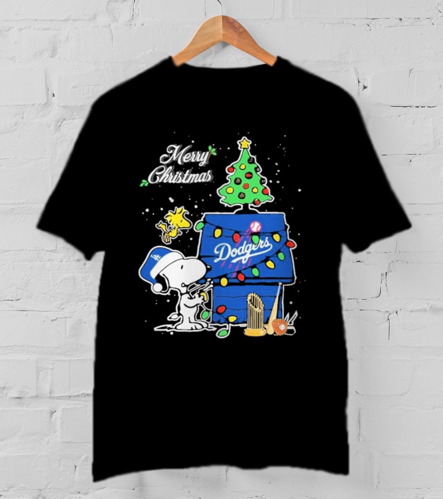 Merry Christmas Snoopy Los Angeles Dodgers Tree Lights Woodstock T-Shirt