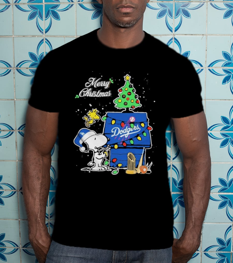 Merry Christmas Snoopy Los Angeles Dodgers Tree Lights Woodstock T-Shirt