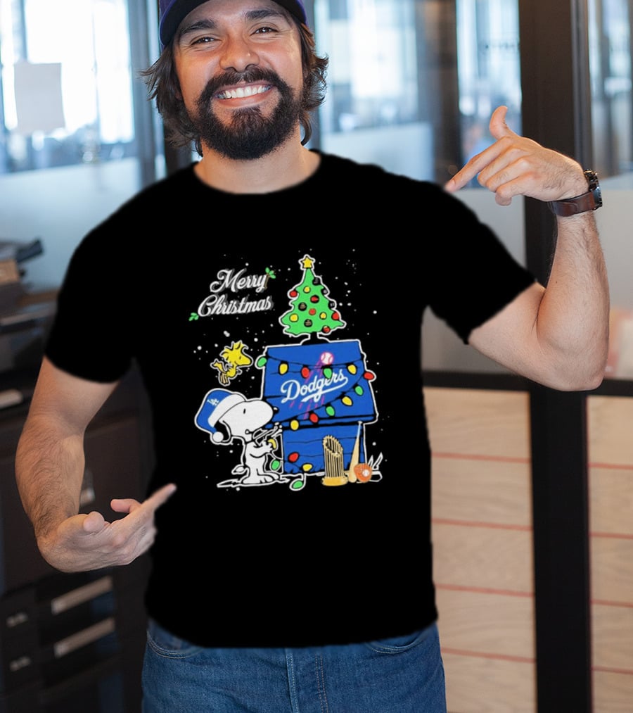 Merry Christmas Snoopy Los Angeles Dodgers Tree Lights Woodstock T-Shirt