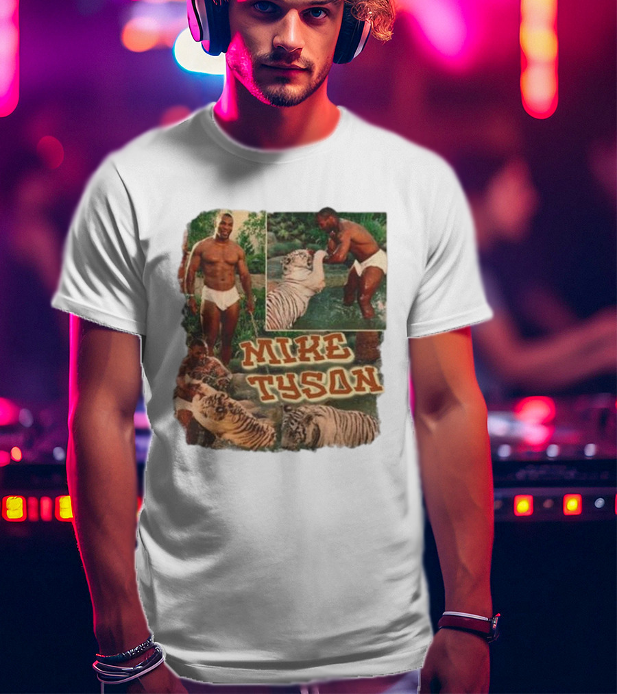 Mike Tyson With Tigers Vintage 90s Style Collage T-Shirt