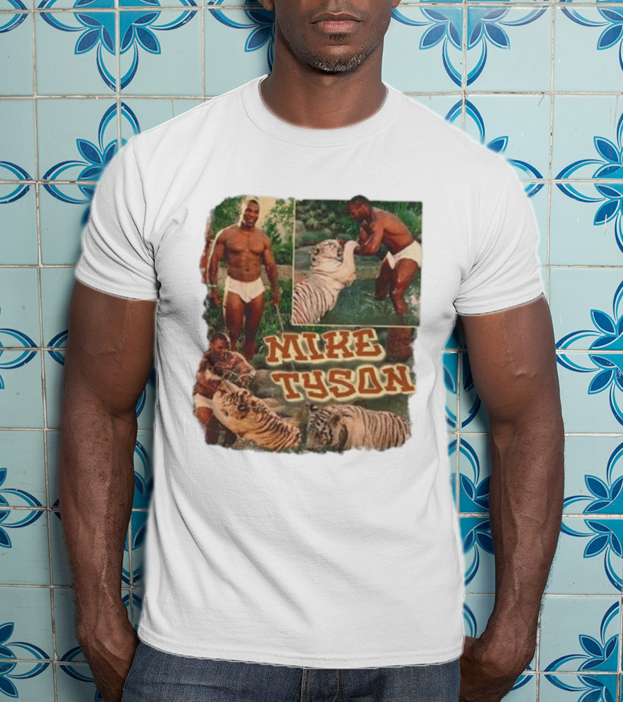 Mike Tyson With Tigers Vintage 90s Style Collage T-Shirt