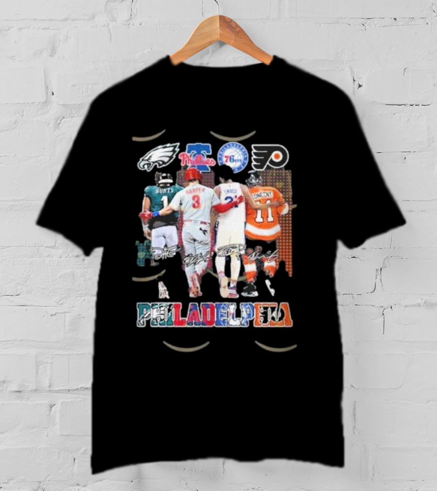 Philadelphia Eagles Phillies 76ers Flyers Signature Hurts Harper Embiid Konecny T-Shirt