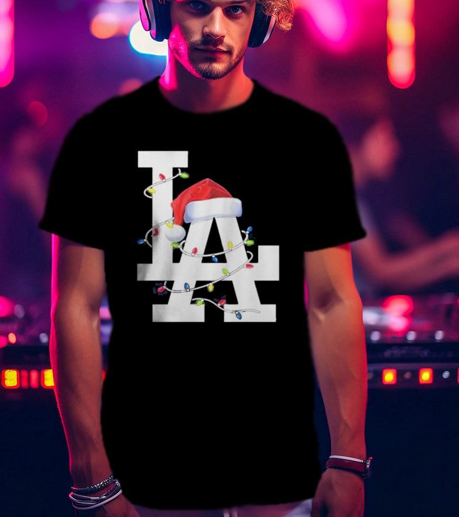 Los Angeles LA Merry Christmas Santa Hat Lights Holiday 2D T-Shirt