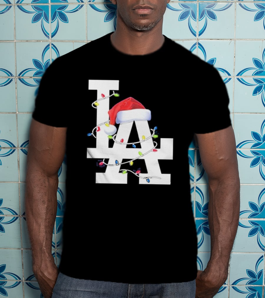 Los Angeles LA Merry Christmas Santa Hat Lights Holiday 2D T-Shirt