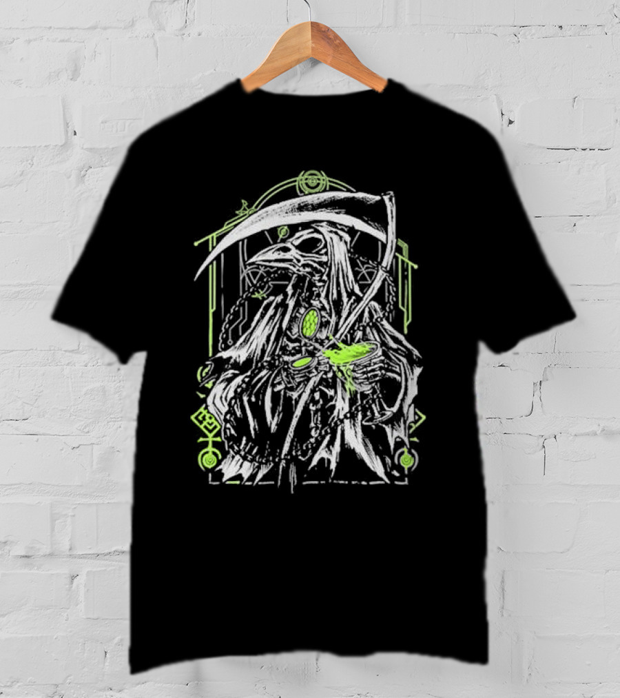 Xavleg Plague Reaper Death Raven In Green And White With Scythe And Potion T-Shirt