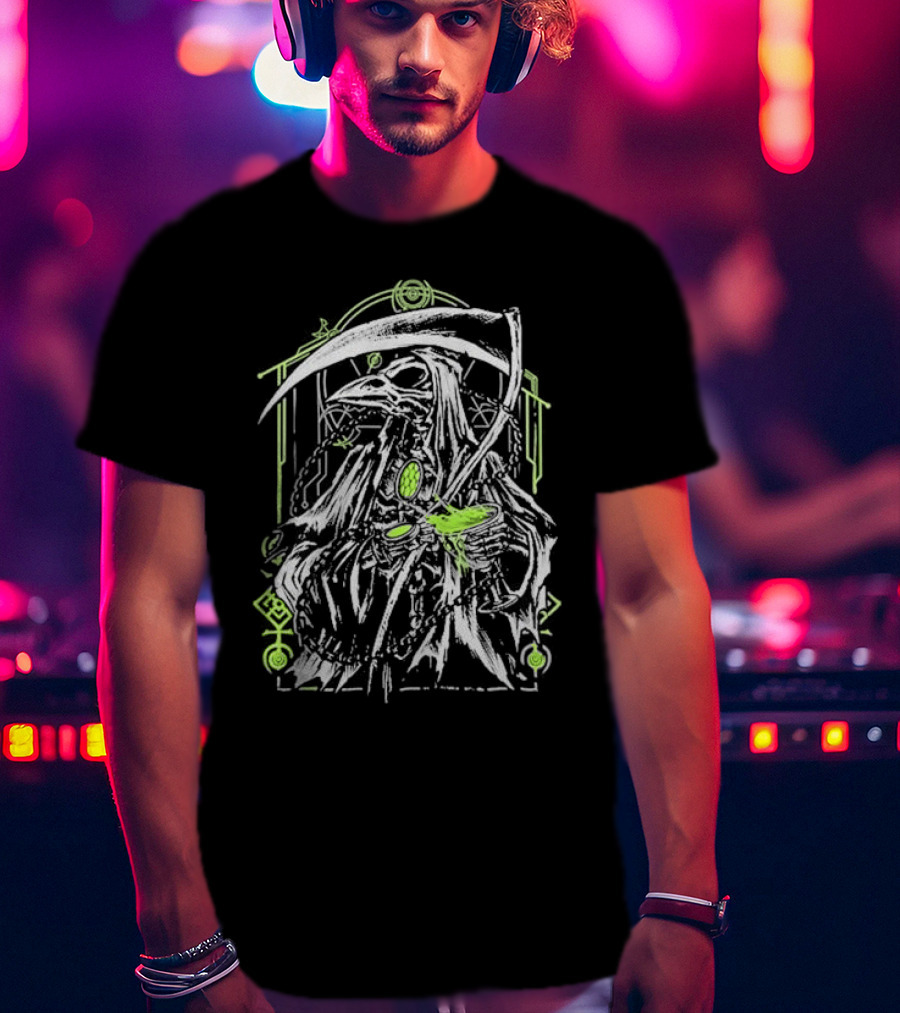 Xavleg Plague Reaper Death Raven In Green And White With Scythe And Potion T-Shirt