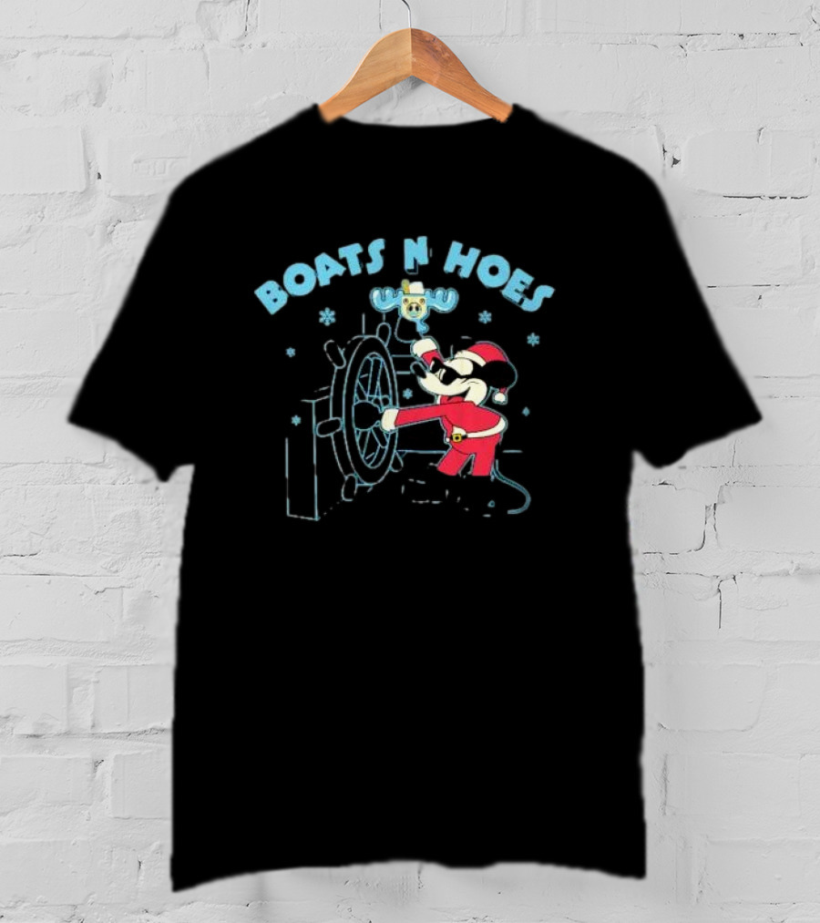 Boats N Hoes Christmas Mickey Mouse Steering Wheel Santa Suit Snowflakes T-Shirt
