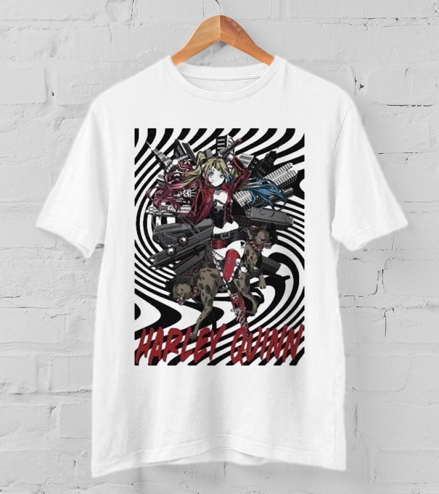 HARLEY QUINN Black And White Spiral With Hyenas T-Shirt