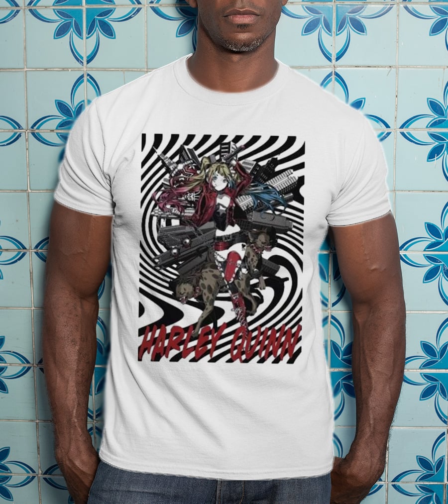 HARLEY QUINN Black And White Spiral With Hyenas T-Shirt