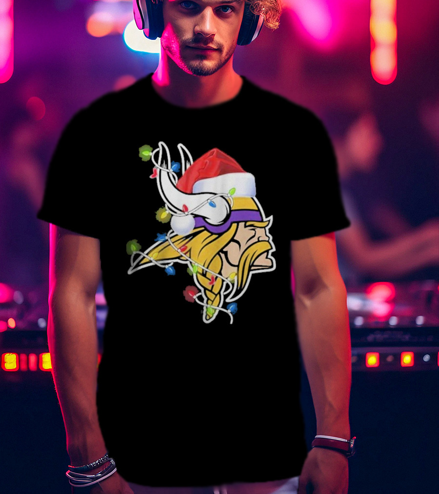 Minnesota Vikings Merry Christmas 2D Santa Hat Lights T-Shirt