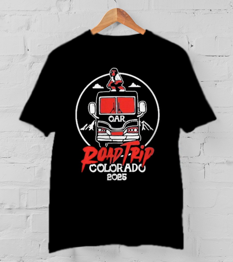OAR Road Trip Colorado 2025 Bus Adventure With Mountains And Standing Character T-Shirt