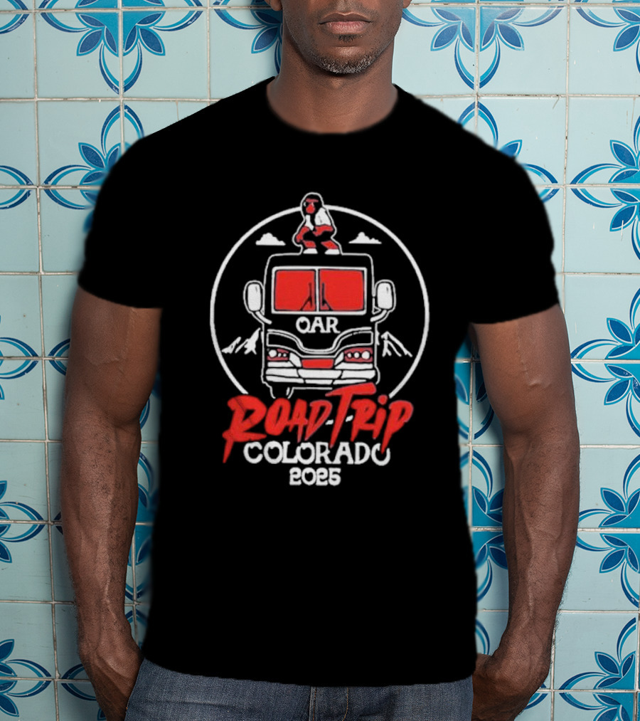 OAR Road Trip Colorado 2025 Bus Adventure With Mountains And Standing Character T-Shirt