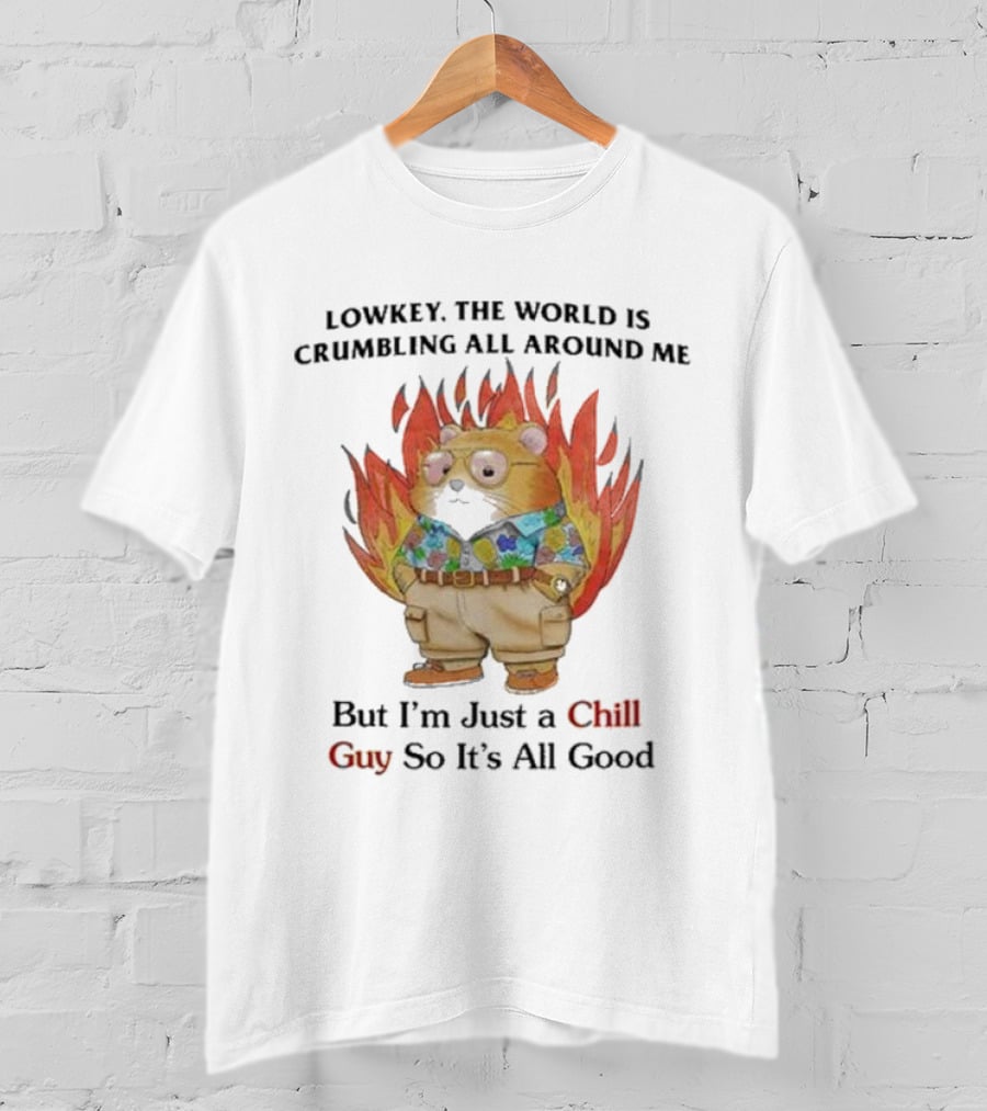 Chill Guy With World Crumbling Fire Background T-Shirt