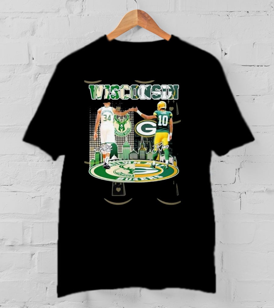 Wisconsin Milwaukee Bucks Green Bay Packers Iconic Duo Signature T-Shirt