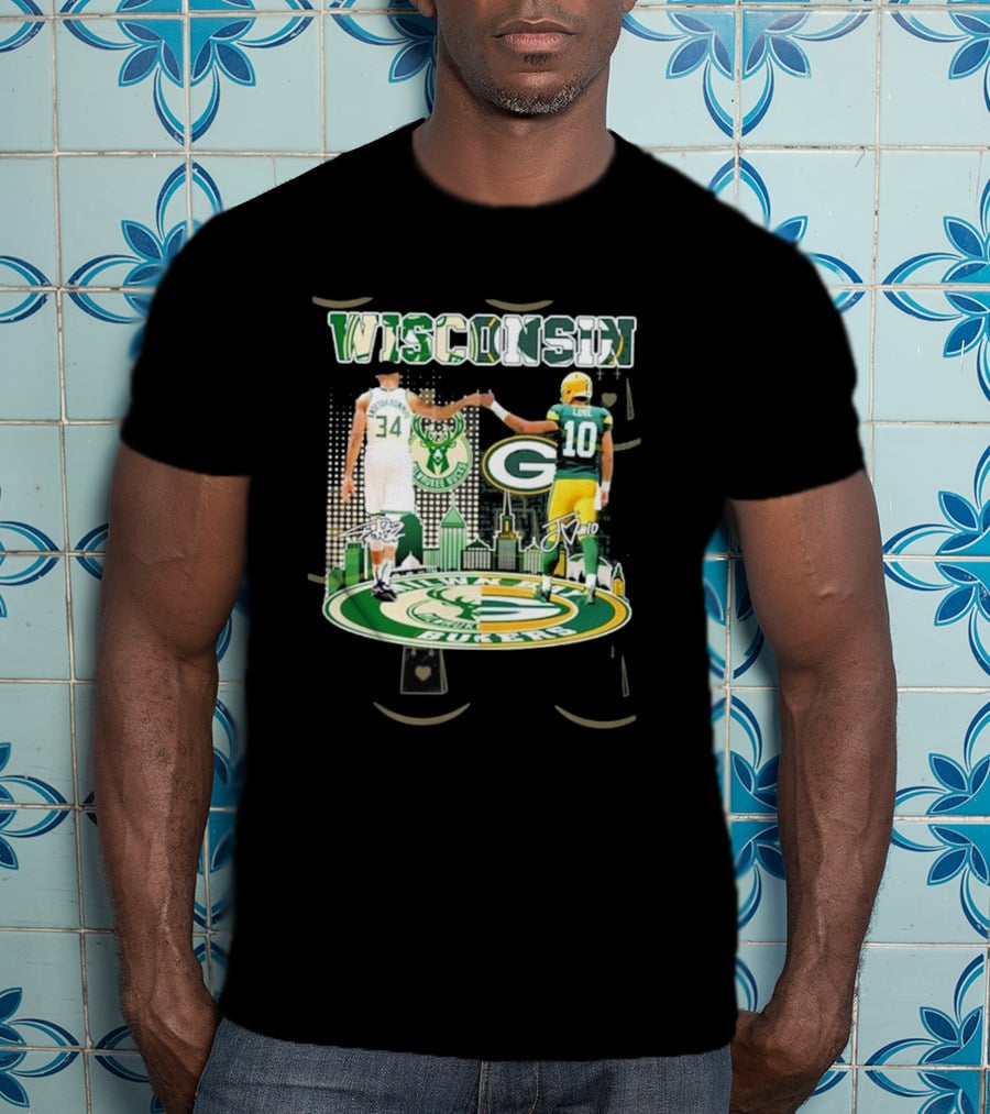 Wisconsin Milwaukee Bucks Green Bay Packers Iconic Duo Signature T-Shirt